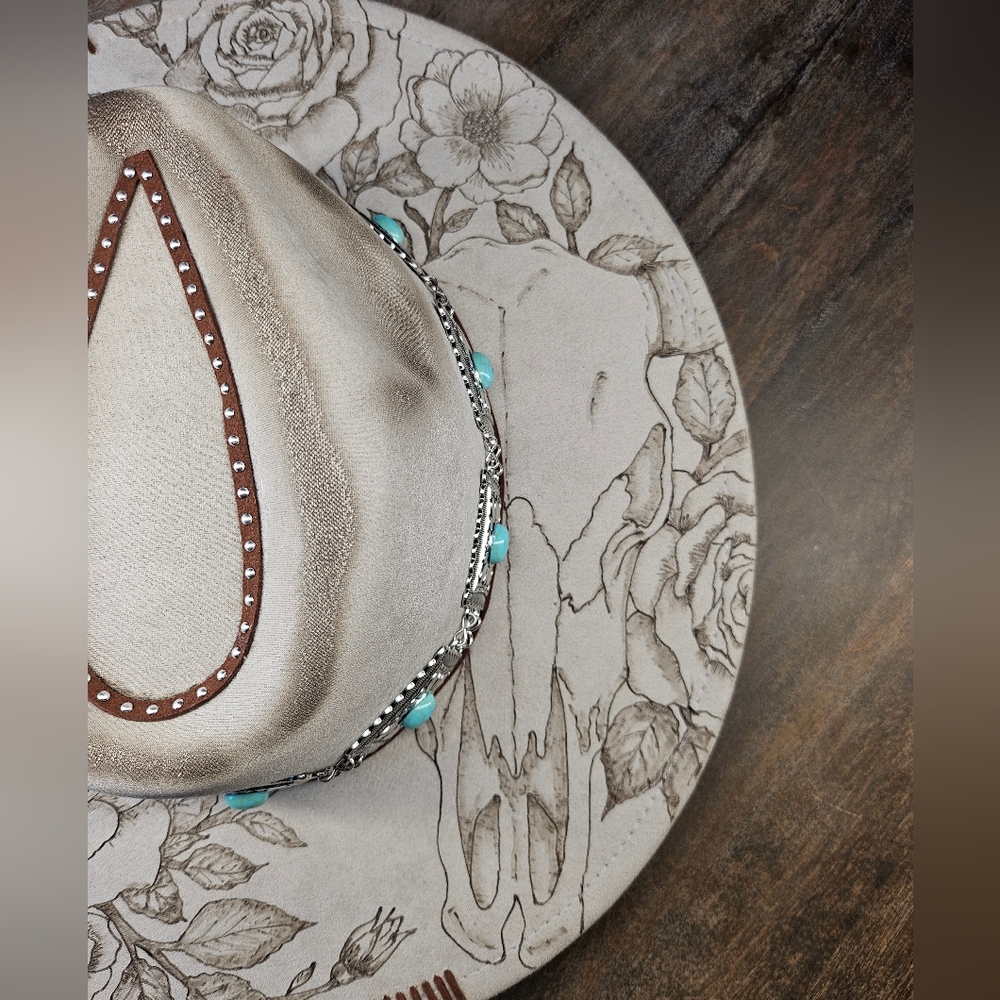 NWT Grey suede burned fedora cowboy hat with roses - Picture 5 of 7